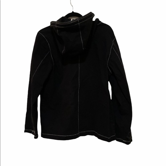 ModCloth Uncharted Territory Hooded Anorak Jacket in black with white stitching. - Picture 10 of 11